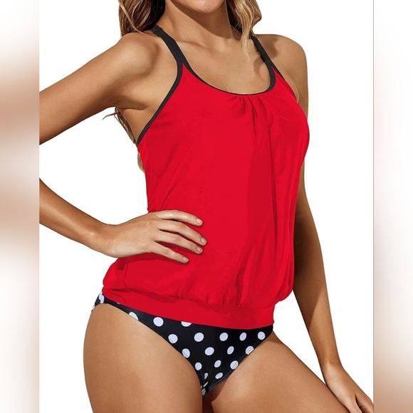 NEW! Two Piece Tankini Swimsuit, Tummy Control Bottoms. Red/Black/White, size M - Picture 2 of 5